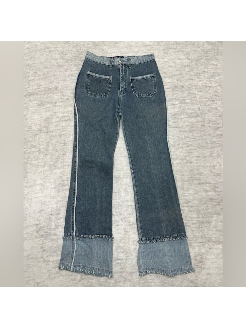 Patchwork Flare Jeans Y2K Frayed Hem Two Tone Denim Vintage